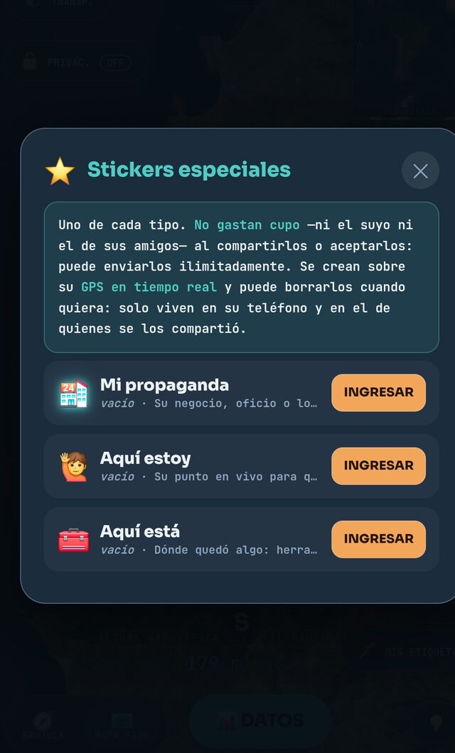 Panel de Stickers especiales: Mi propaganda, Aquí estoy y Aquí está